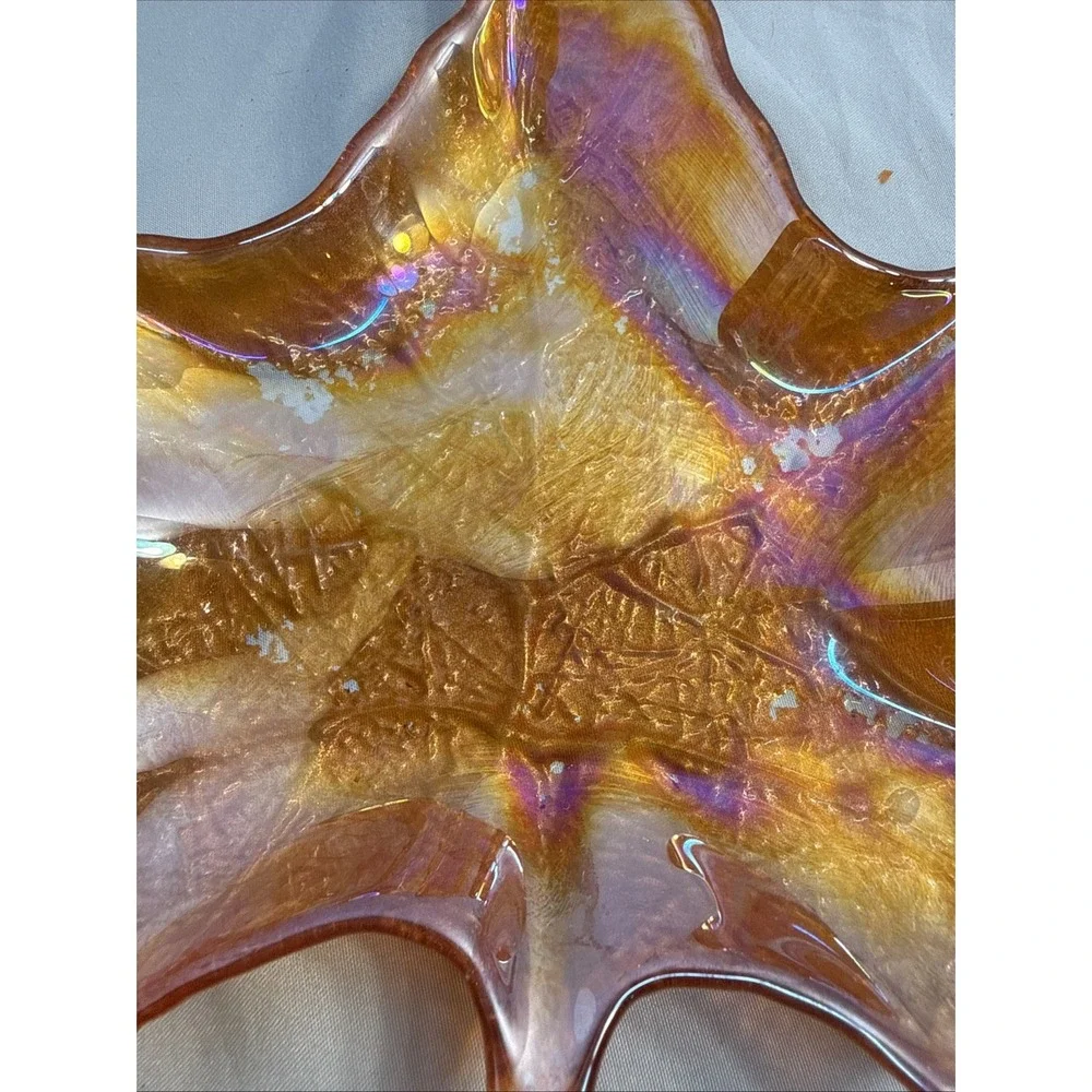 Vintage Iridescent Marigold Art Glass Maple Leaf Dish Candy Bowl Fall Decor
